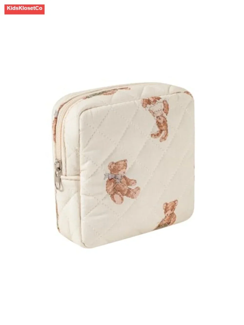 Quilted Cotton Makeup Bag with Bear Print, Compact Travel Cosmetic Pouch